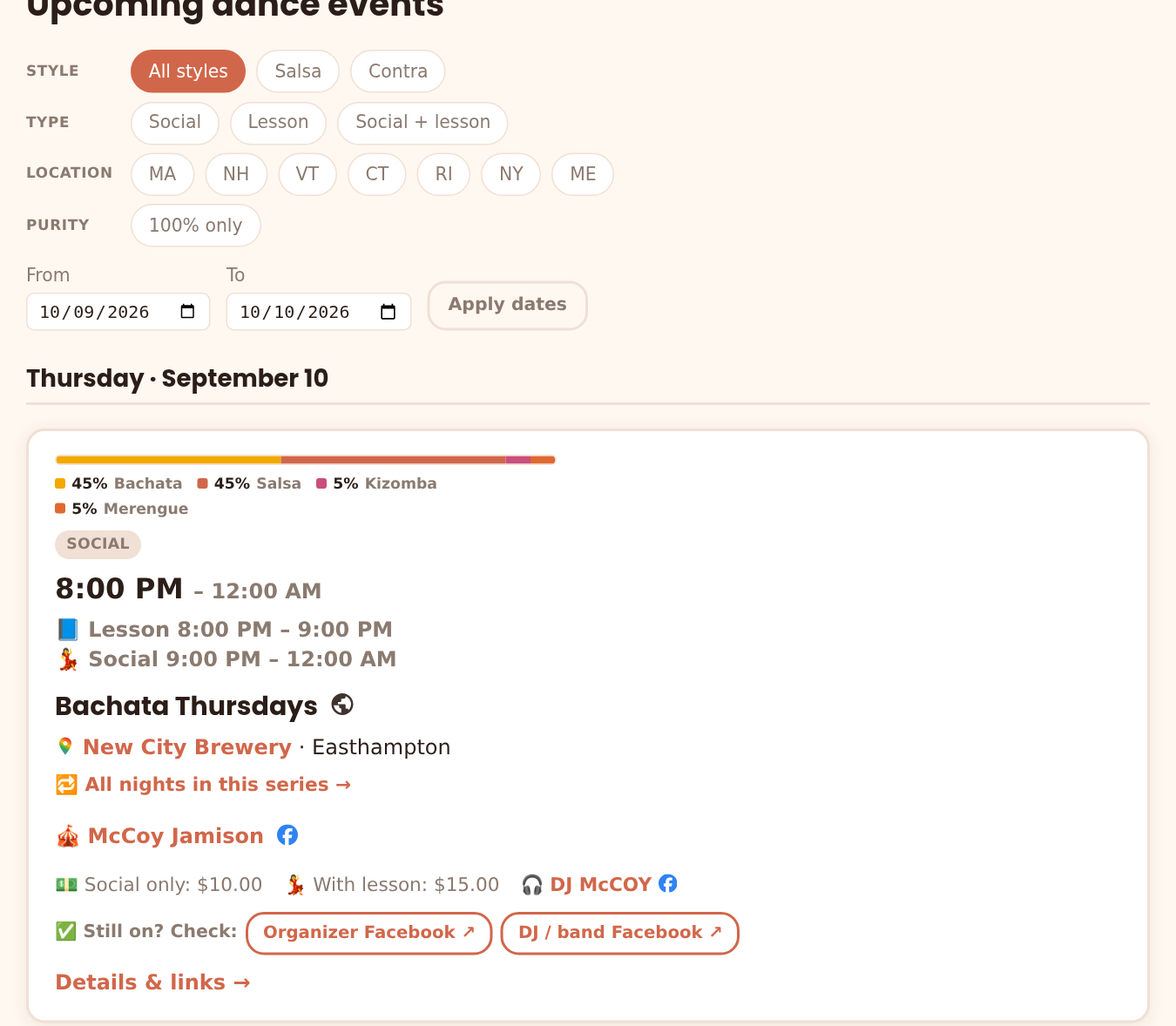 DanceLocal event feed — a Bachata social with its style mix, both prices, and the organizer's own page to check whether it is still on